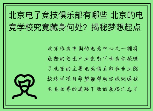 北京电子竞技俱乐部有哪些 北京的电竞学校究竟藏身何处？揭秘梦想起点